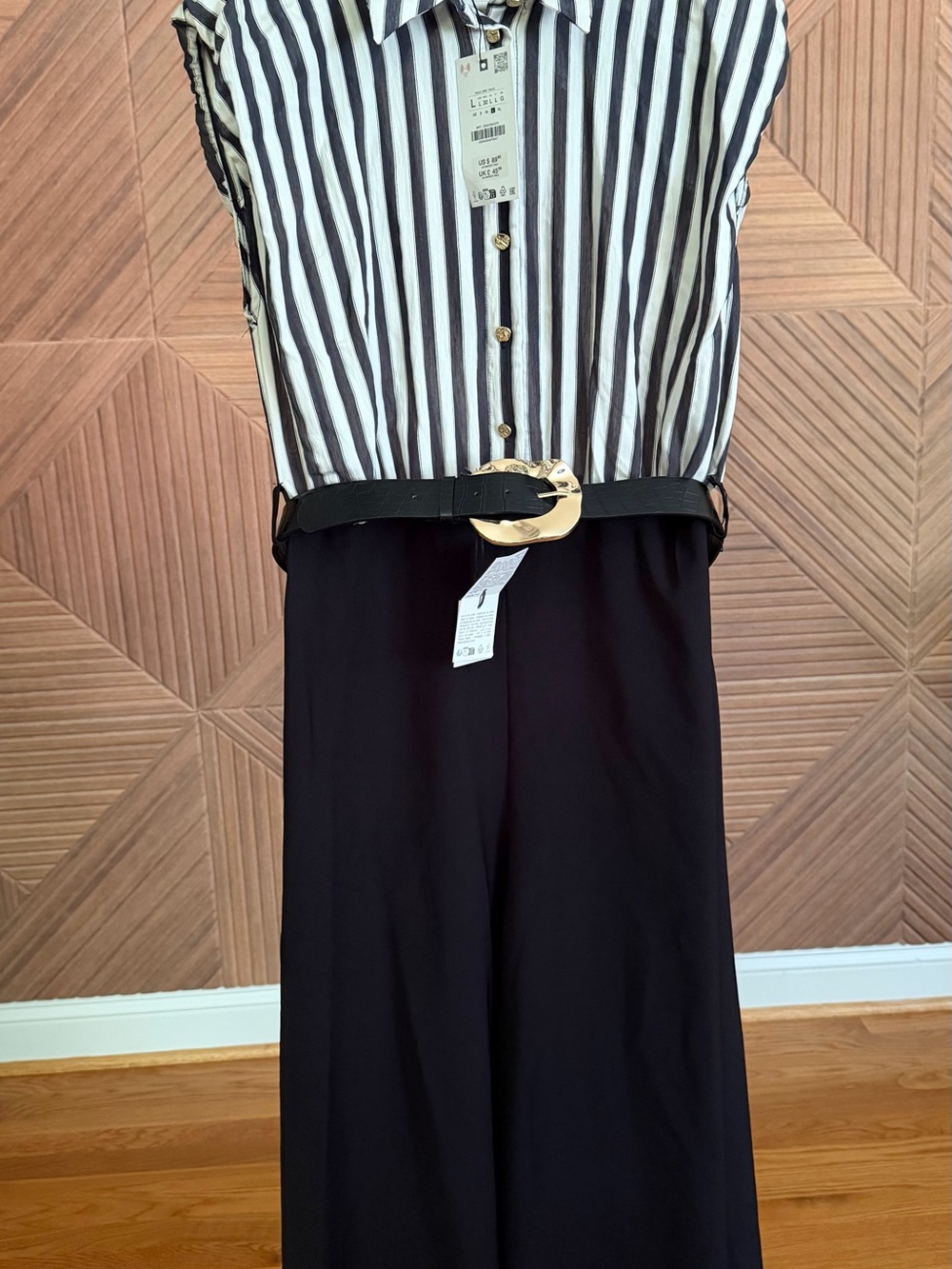 Black Wide-Leg Jumpsuit with Black & White Striped Bodice